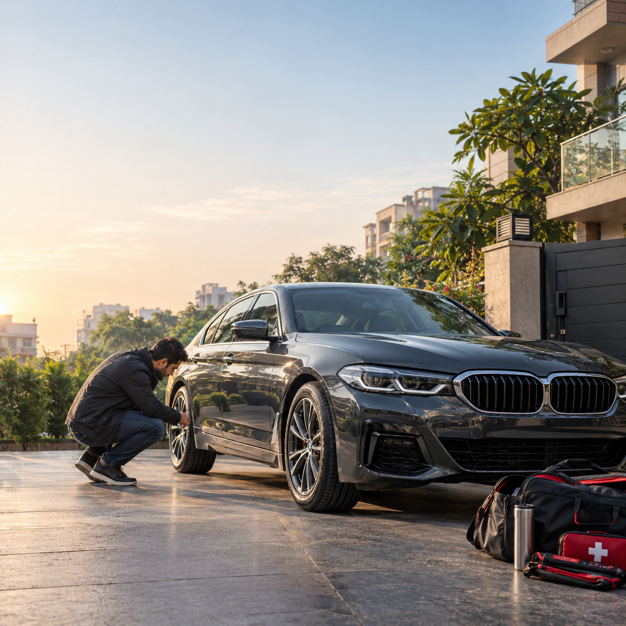 Things to check before a long drive, with a car being inspected before a road trip