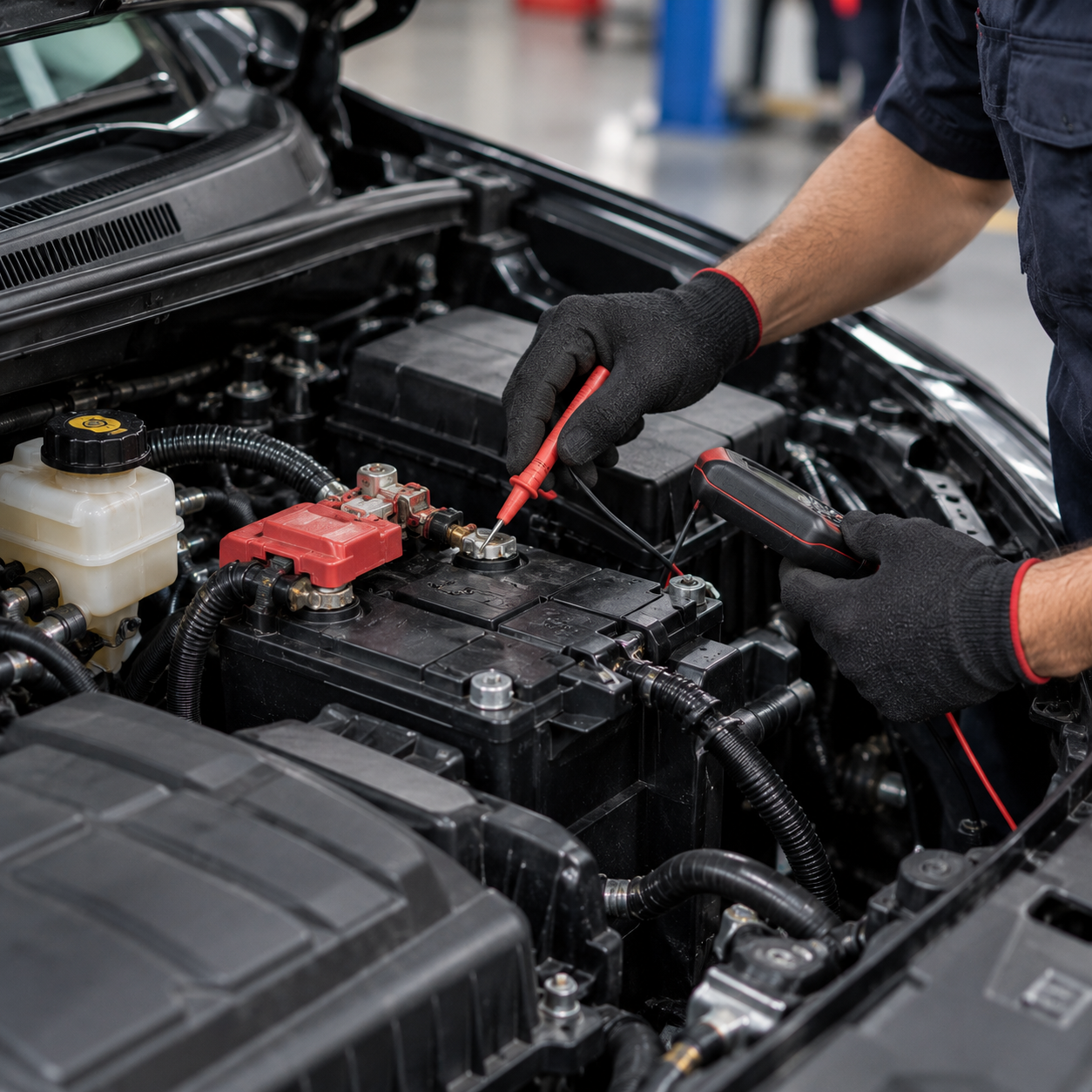 Technician inspecting a car battery and electrical connections before a road trip