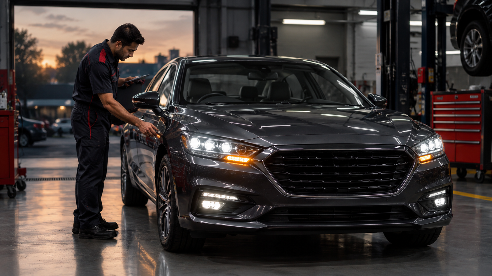 Testing car headlights and indicators before a long drive