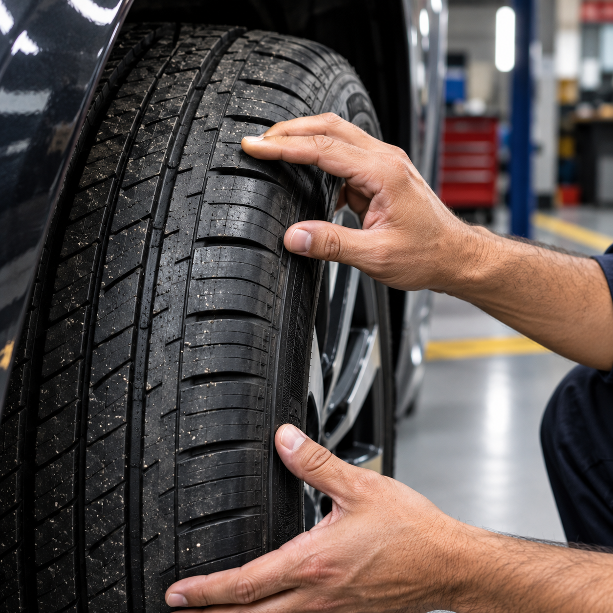 Checking tyre pressure before a long drive using a digital tyre pressure gauge