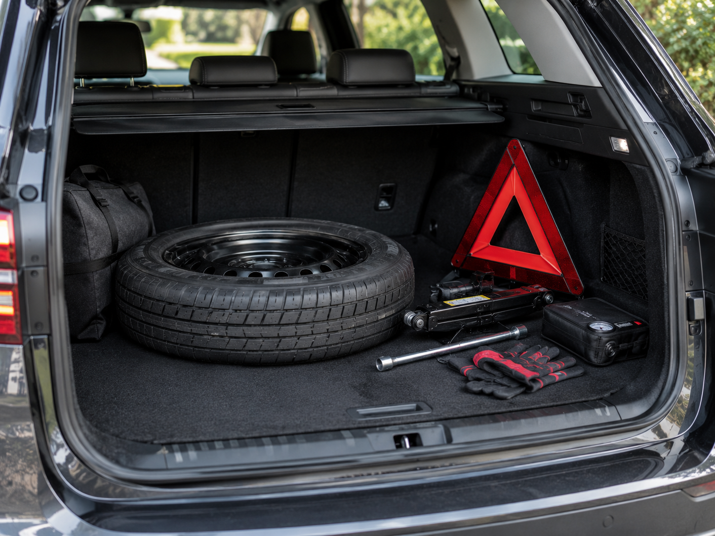 Spare tyre, jack and puncture equipment prepared for a long road trip