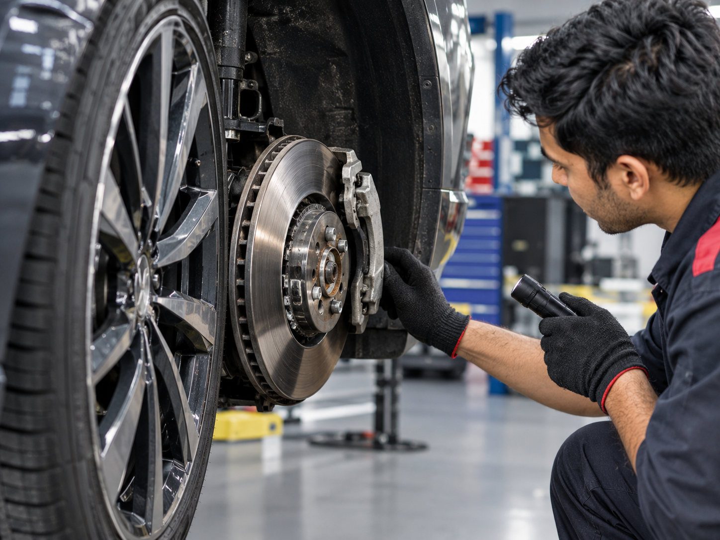 Technician inspecting car brake disc and caliper before a long drive