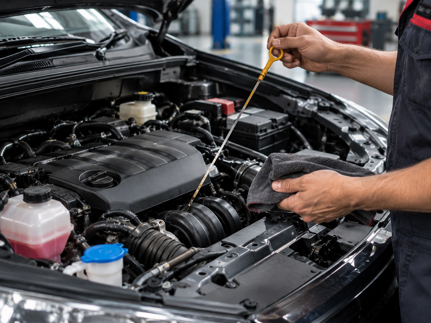 Technician checking engine oil and vehicle fluids before a long drive