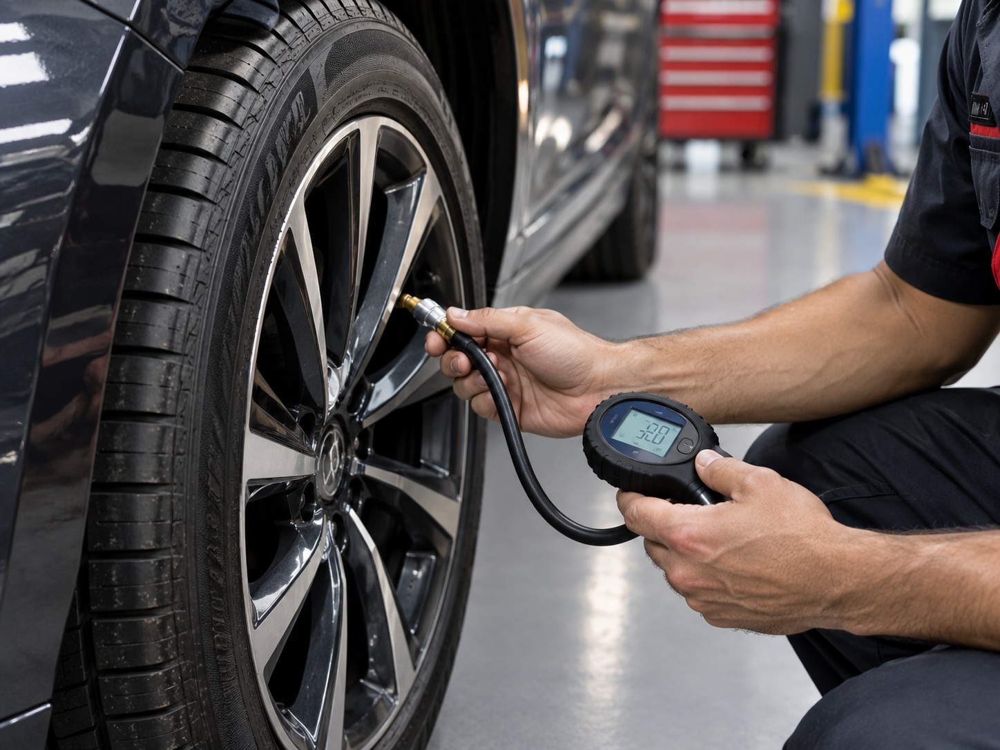 Checking tyre pressure before a long drive using a digital tyre pressure gauge