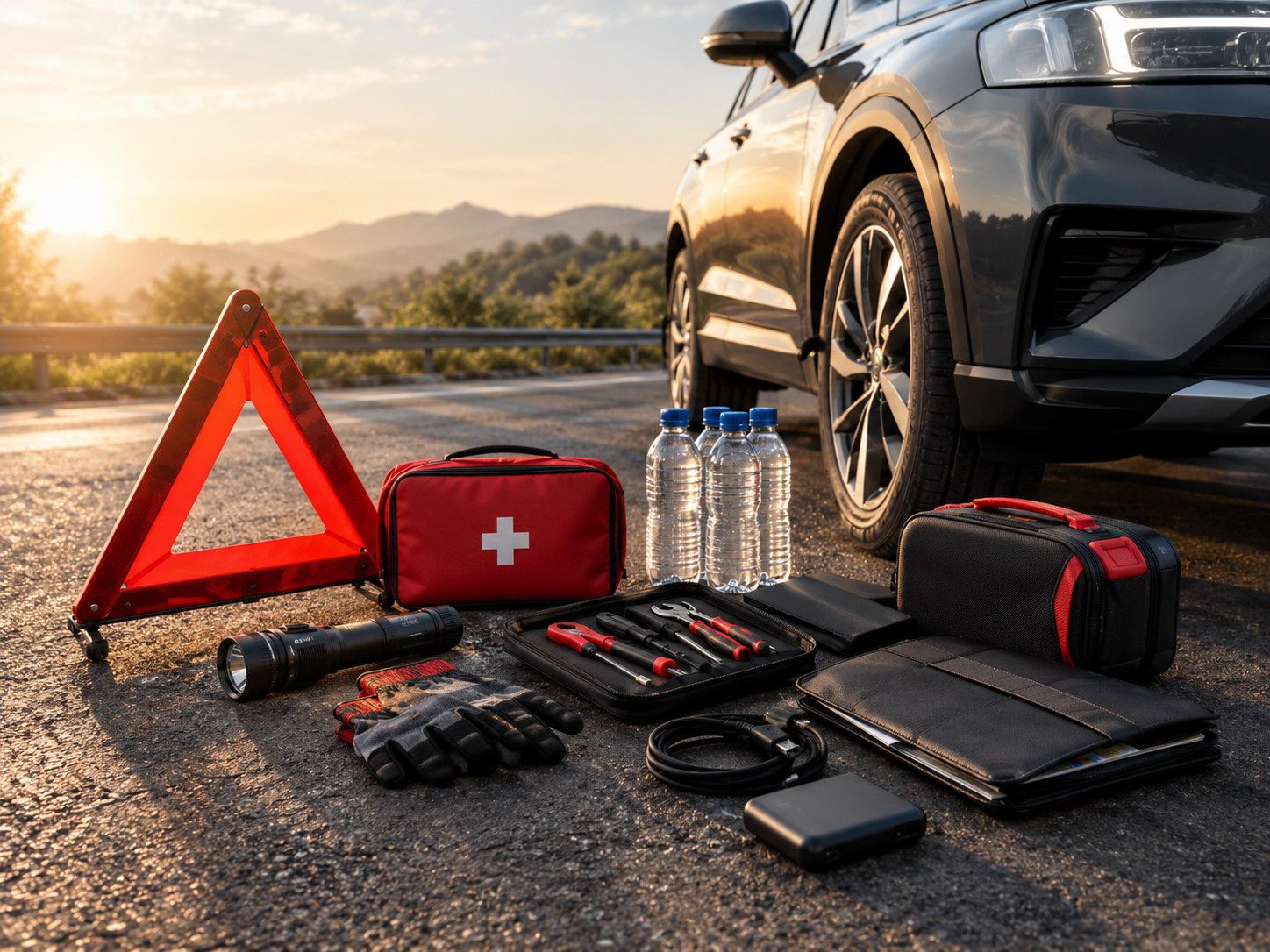 Technician checking wheel alignment on a car before a long drive