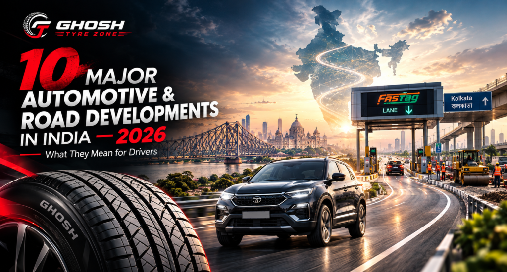 10 major automotive and road developments in India in 2026, featuring a car tyre, SUV, Kolkata roads, FASTag and highway infrastructure