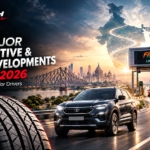 10 major automotive and road developments in India in 2026, featuring a car tyre, SUV, Kolkata roads, FASTag and highway infrastructure